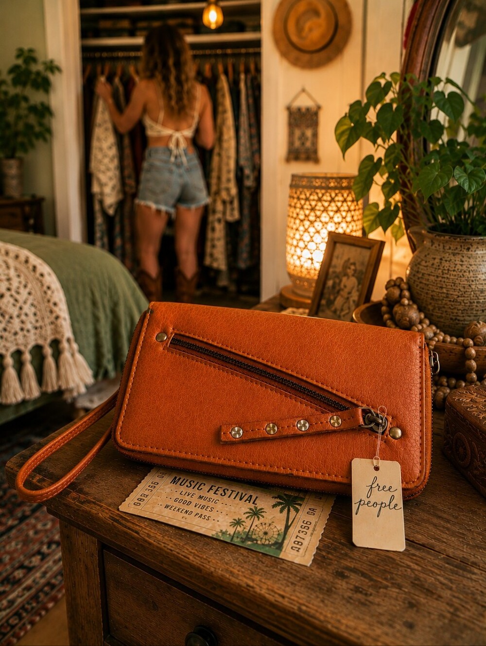 Free People Vegan Leather Cognac Studded Zip Wristlet Wallet Western Boho NWT